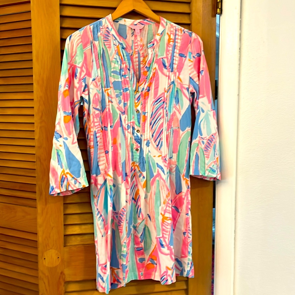 Lilly Pulitzer Sarasota Pintucked Tunic Dress Shift Mini Multi-color Printed S